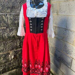 Vintage Embroidered Red Dirndl Costume with Apron